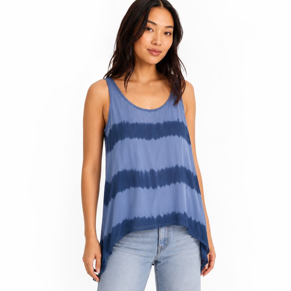 Eileen Fisher Tank Top SAMPLE Small Blue Silk Tie Dye Scoop Neck Sharkbite Hem